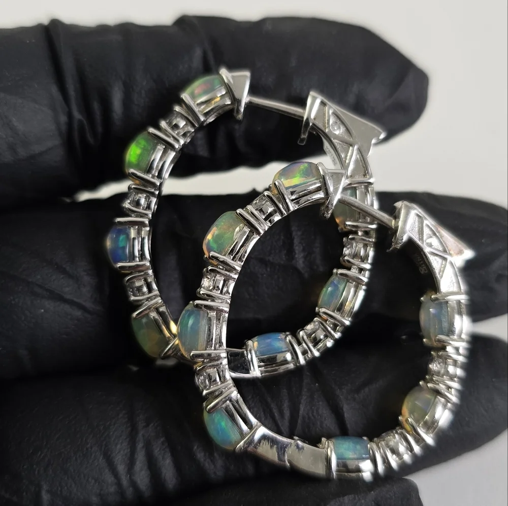 Watch Video / Extraordinary Sterling Silver 925 Opal Hoop Earrings